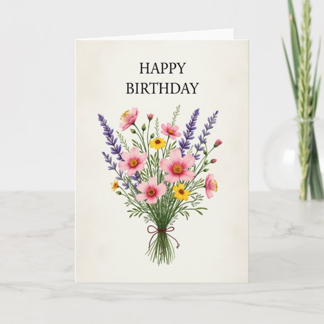 Cartão de Aniversário com Buquê de Aquarela (Frente)