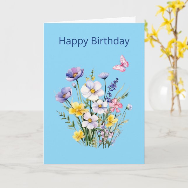 Cartão de Aniversário com Buquê de Flores e Borbol (Flor Amarela)