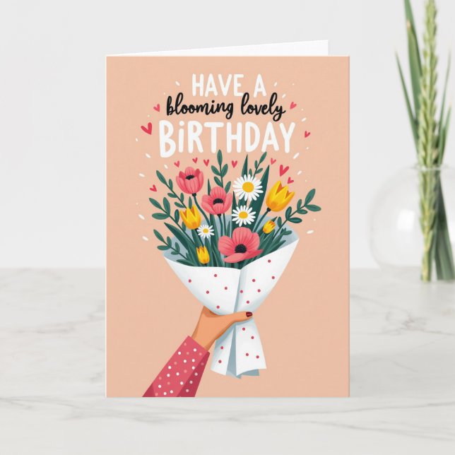 Cartão de Aniversário com Buquê de Flores na Mão (Frente)