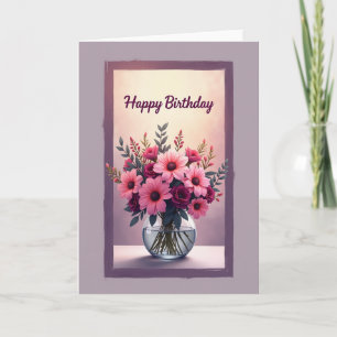 Cartão de Aniversário com Buquê Rosa