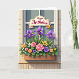 Cartão de Aniversário com Caixa de Flores na Janel