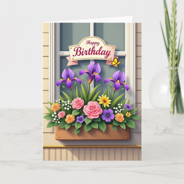 Cartão de Aniversário com Caixa de Flores na Janel (Frente)
