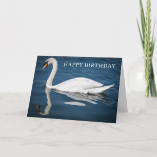Cartão de aniversário com cisne branco e água azul