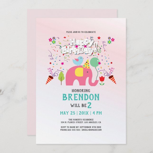 Cartão de aniversário com elefante e ave (Frente/Verso)