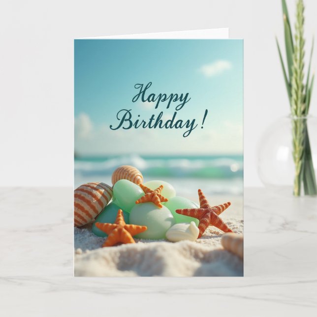 Cartão de Aniversário com Estrelas-do-Mar e Concha (Frente)