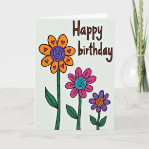 Cartão de Aniversário com Flor Desenhada à Mão
