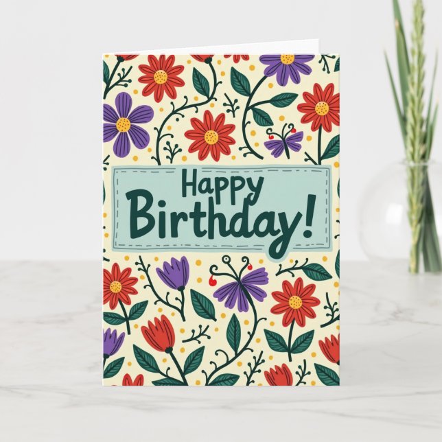 Cartão de Aniversário com Flor Desenhada à Mão (Frente)