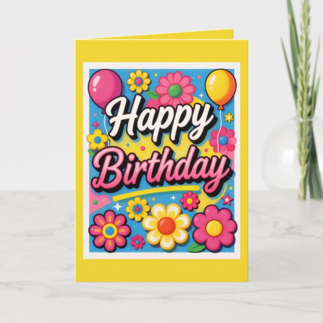 Cartão de Aniversário com Flores e Balões Alegres (Frente)