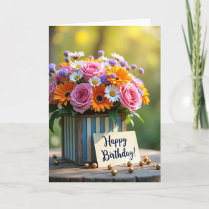 Cartão de Aniversário com Flores em Caixa Rústica