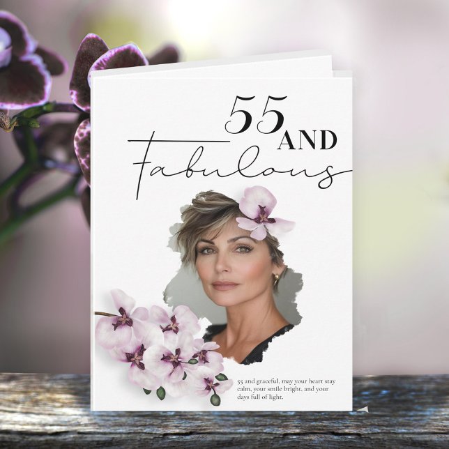 Cartão de aniversário com foto de orquídea para 55 (Criador carregado)