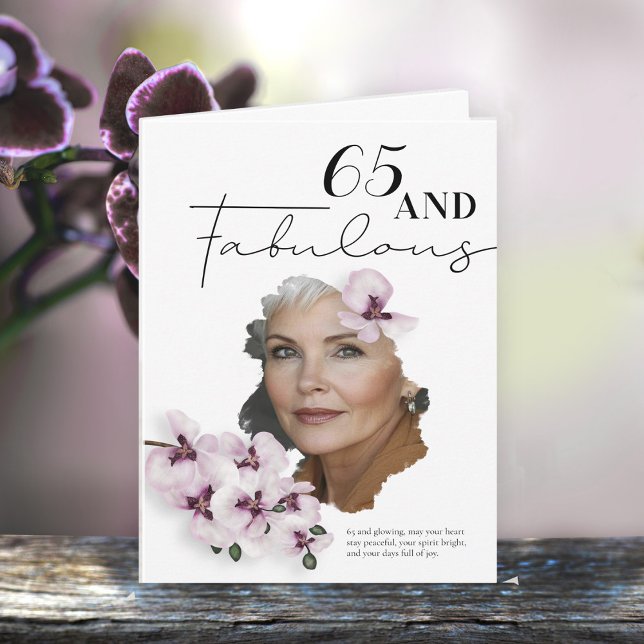 Cartão de aniversário com foto de orquídea para 65 (Criador carregado)