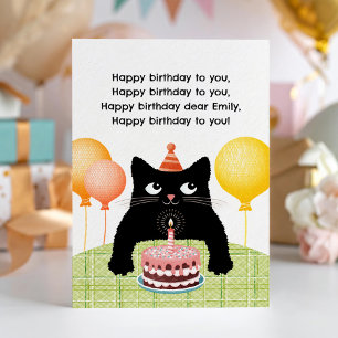 Cartão de aniversário com gato, bolo e vela