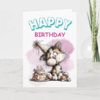 Cartão de Aniversário com Gato de Desenho Animado