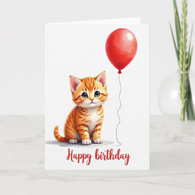 Cartão de Aniversário com Gato e Balão (Frente)