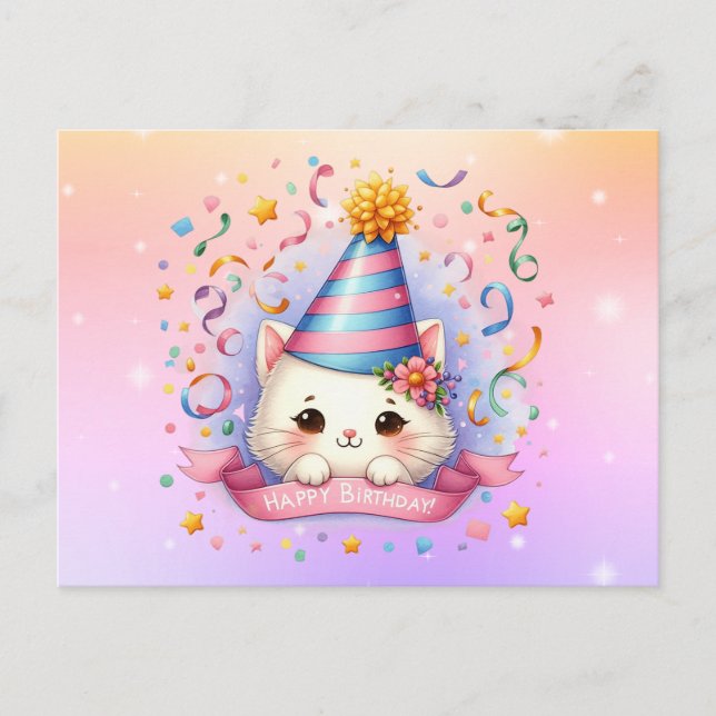Cartão de aniversário com gato fofo Kawaii (Frente)