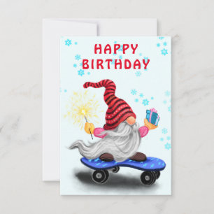 Cartão de Aniversário com Gnomo Feliz de Patins co