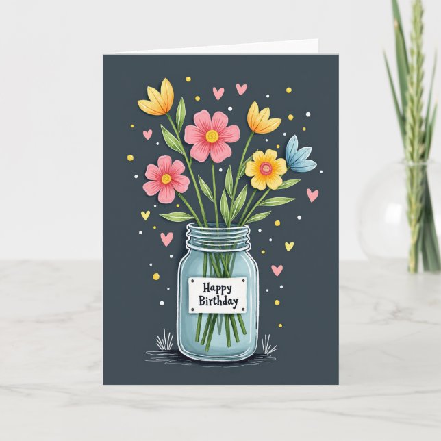 Cartão de Aniversário com Jar Floral Doce (Frente)
