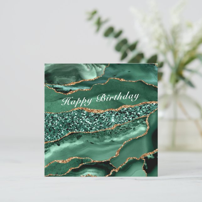 Cartão de Aniversário com Mármore Verde Ágata Dour (Em pé/Frente)