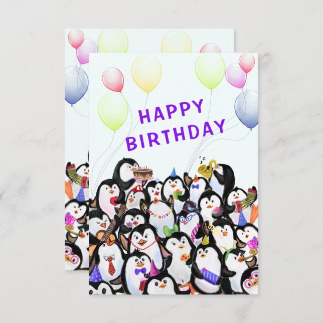 Cartão de Aniversário com o Partido Pinguim Feliz (Frente/Verso)