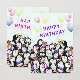 Cartão de Aniversário com o Partido Pinguim Feliz