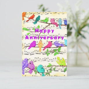 Cartão de Aniversário com Pássaros Musicais Colori