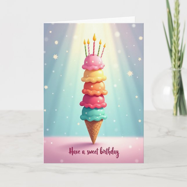 Cartão de Aniversário com Pilha de Sorvete Doce (Frente)