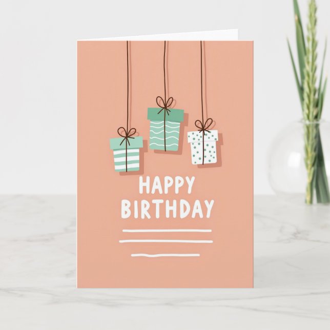 Cartão de Aniversário com Presentes Pendurados (Frente)