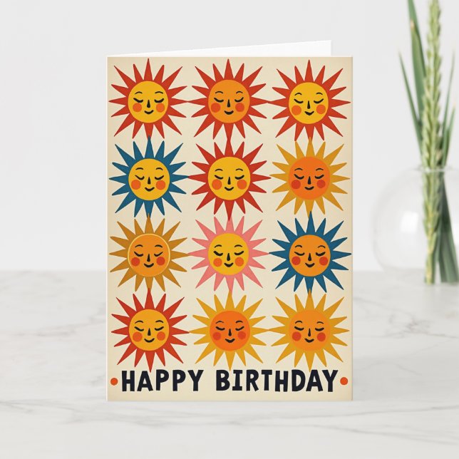 Cartão de Aniversário com Rostos de Sol Alegres (Frente)
