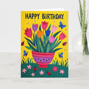 Cartão de aniversário com vaso floral vibrante