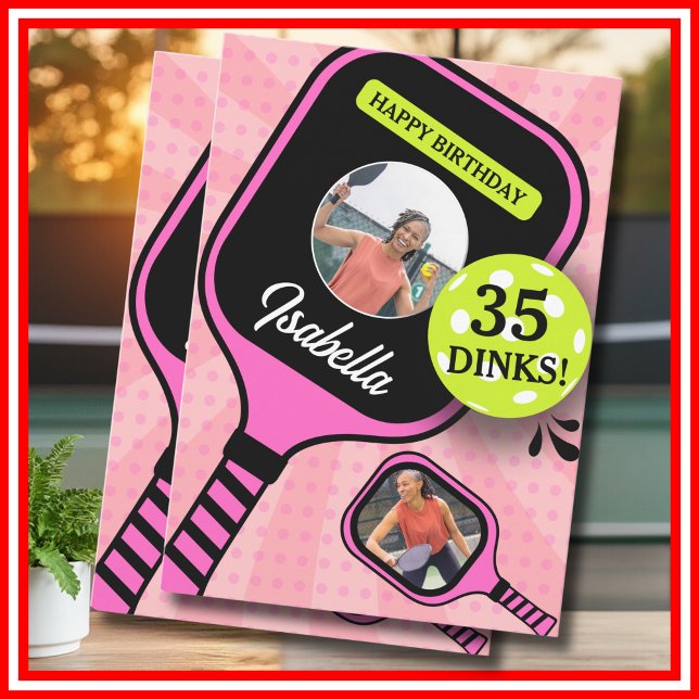 Cartão de Aniversário da FOTO Esportiva Rosa Pickl (Pickleball RETRO Pink Sports PHOTO Birthday Card)
