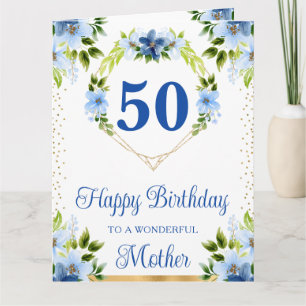 Cartão de Aniversário da Mãe com Flores Azuis e Na