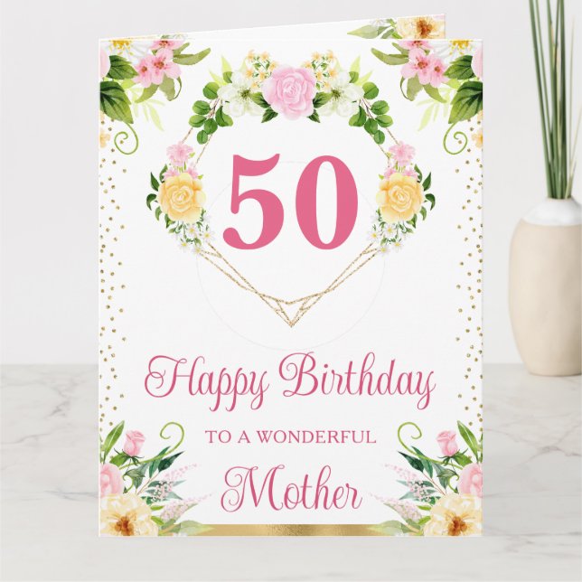 Cartão de Aniversário da Mãe com Flores Rosa e Ama (Frente)