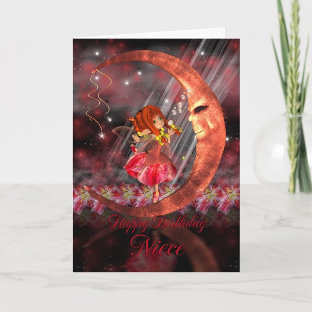 Cartão de Aniversário da Niece com lua de fadas e  (Frente)