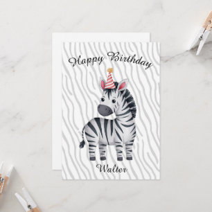 Cartão de aniversário da pequena zebra para crianç