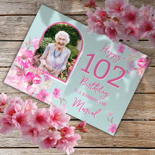 Cartão de Aniversário de 102 Anos com Foto Floral