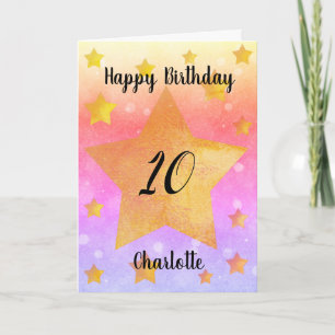 Cartão de Aniversário de 10 anos Watercolor Pink e