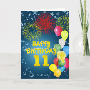 Cartão de aniversário de 11 com fogos de artifí