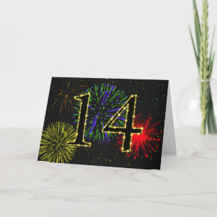 Cartão de aniversário de 14 com fogos de artifício