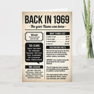 Cartão de aniversário de 1969 com curiosidades