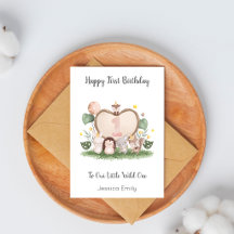 Cartão de Aniversário de 1 Ano com Animais da Flor
