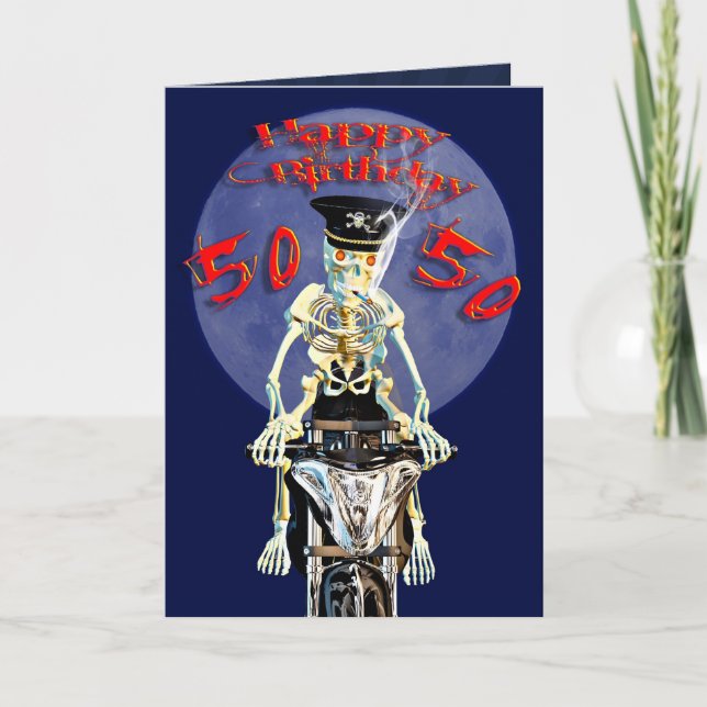 Cartão de aniversário de 50 anos do Skeleton Biker (Frente)