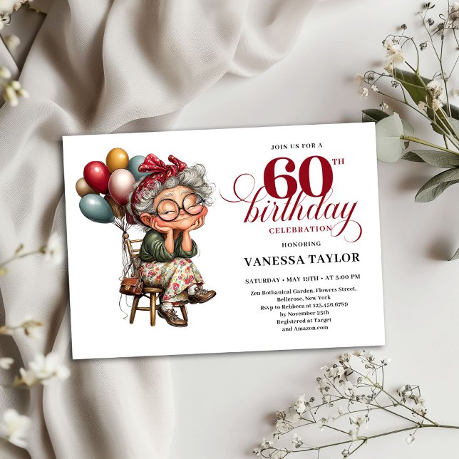Cartão de Aniversário de 60 Anos com Convite para  (Funny Old Lady Invite 60th Birthday Party Card)