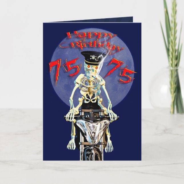 Cartão de aniversário de 75 anos do Skeleton Biker (Frente)