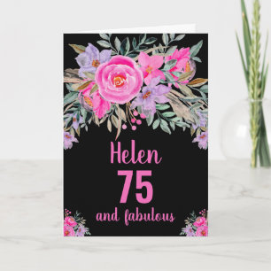 cartão de aniversário de 75 anos preto floral aqua