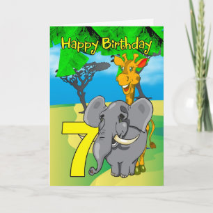 Cartão de Aniversário de 7 - Elefante, Girafa, 7 d