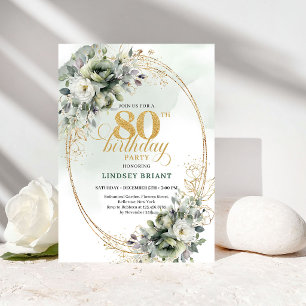 Cartão de Aniversário de 80 Anos Floral Verde e Br