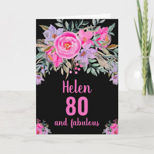 cartão de aniversário de 80 anos preto rosa floral