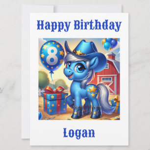 Cartão de Aniversário de 8 Anos, Blue Cowboy Pony