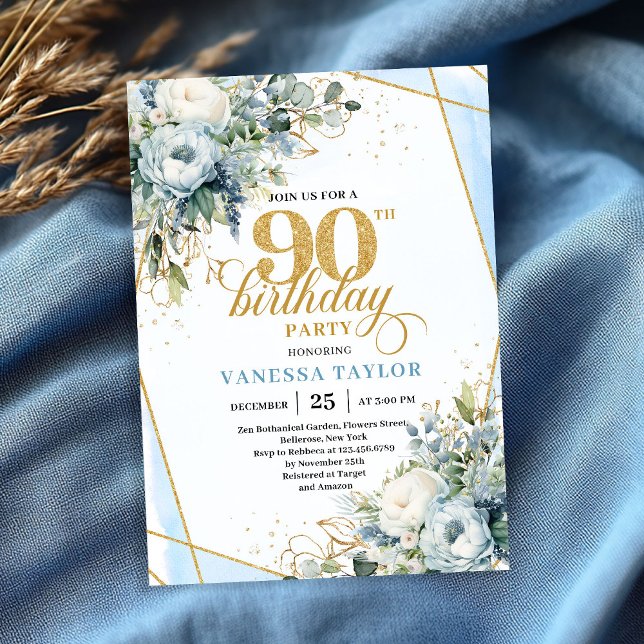 Cartão de aniversário de 90 anos com flores elegan (Dusty blue gold elegant florals 90th birthday party card)