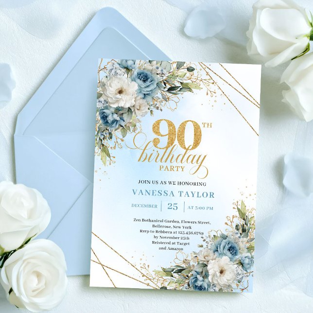 Cartão de Aniversário de 90 Anos Moderno em Azul E (Modern Dusty Blue Floral Gold 90th Birthday Card

)